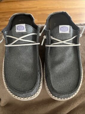 Hey Dude women’s Glitter Charcoal Slip-On Sneakers with White Laces